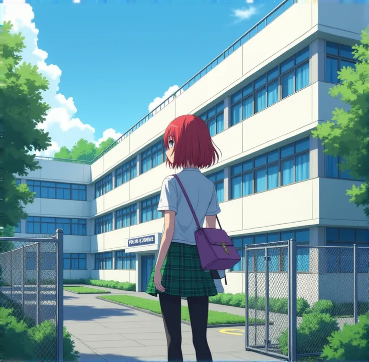  A 17-year-old anime lady , anime To love ru,  soft lighting ,  Standing at the entrance of a wire fence of a huge four-story white school with blue tinted windows with trees,  grass and shrubs in the surrounding city of Shibuya in Tokyo with some students...