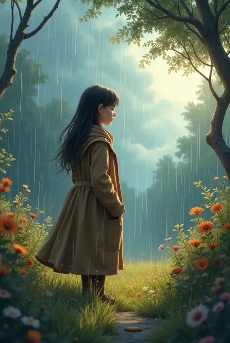  Create an animated image to draw from the following text  . Lucia a girl putting on her coat and going out to the garden,  with raindrops falling on her face .  The garden is full of flowers ,  and the branches of the trees being moved by the wind . The s...