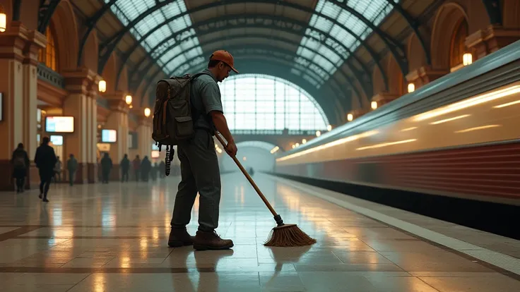 A cleaning worker sweeping away at the corner of a railway station on the floor, realistic cinematic style, 4K ultra HD quality 