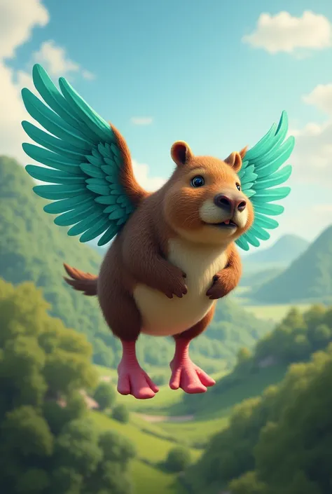 Flying capybara with turquoise bird wings and pink duck legs