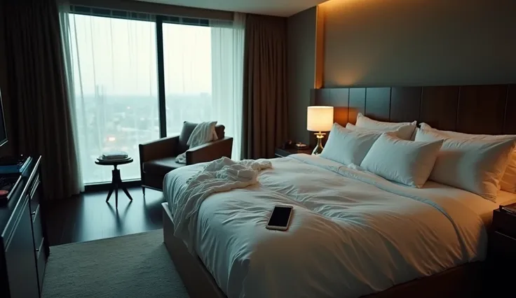 A luxurious modern hotel room with an atmosphere of tension and drama. The room features a king-sized bed with rumpled white sheets, hinting at a restless night. The decor is elegant and upscale, with sleek furniture, a dark wood headboard, and large floor...