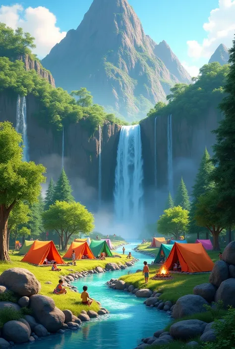  AN IMAGE OF A WATERFALL ON A GREEN MOUNTAIN, SURROUNDED BY A PIXAR-STYLE CAMP 