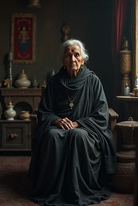 Old indian matriarch sitting at her room wearing dark clothing looking strict.Dark