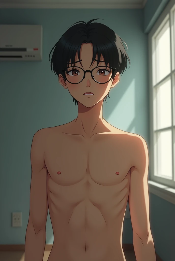 Asian male,High School Students,Middle parted hair,Single,White skin,wear glasses,Groaning naked Standing in the room，beautiful boy,