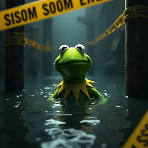 Kermit muppet, in flood "death", with border line of crime scene