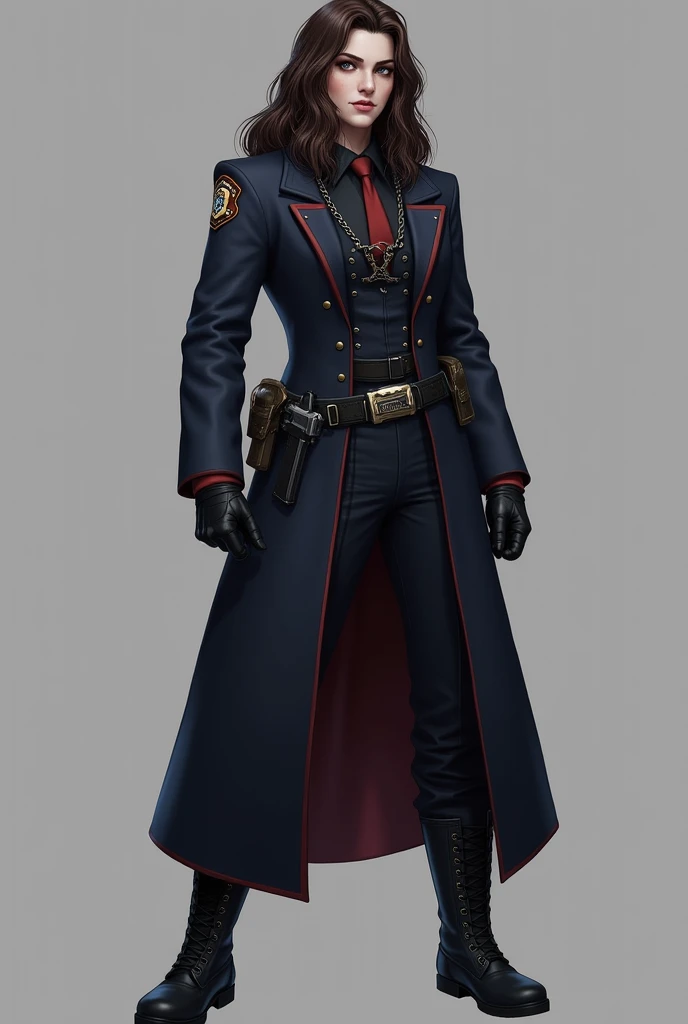  Create an arcane character ,  with the following characteristics .
hair:
 long and slightly wavy ,  of dark brown color with light detail in dark red ,  to reflect an air of seriousness and effort .

 police uniform:
 A uniform that fits the body ,  with ...