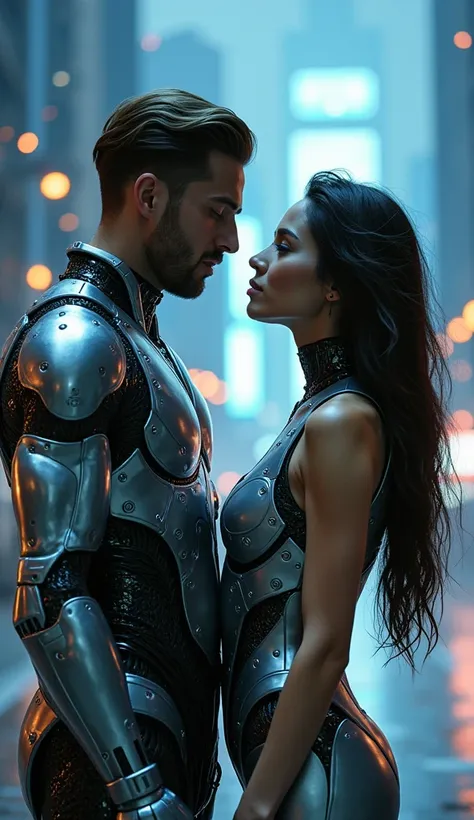 " A man and woman in a futuristic scene ,  stands very close to the intense emotional expression ,  stare at each other with meaningful glances .  Men look like cyborgs with reflective metal bodies displaying complex mechanical details,  including a series...