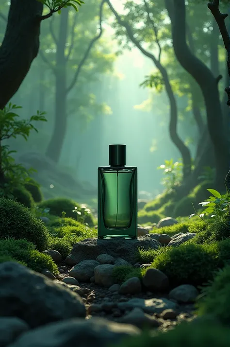 Packaging parfum dengan background planet hutan