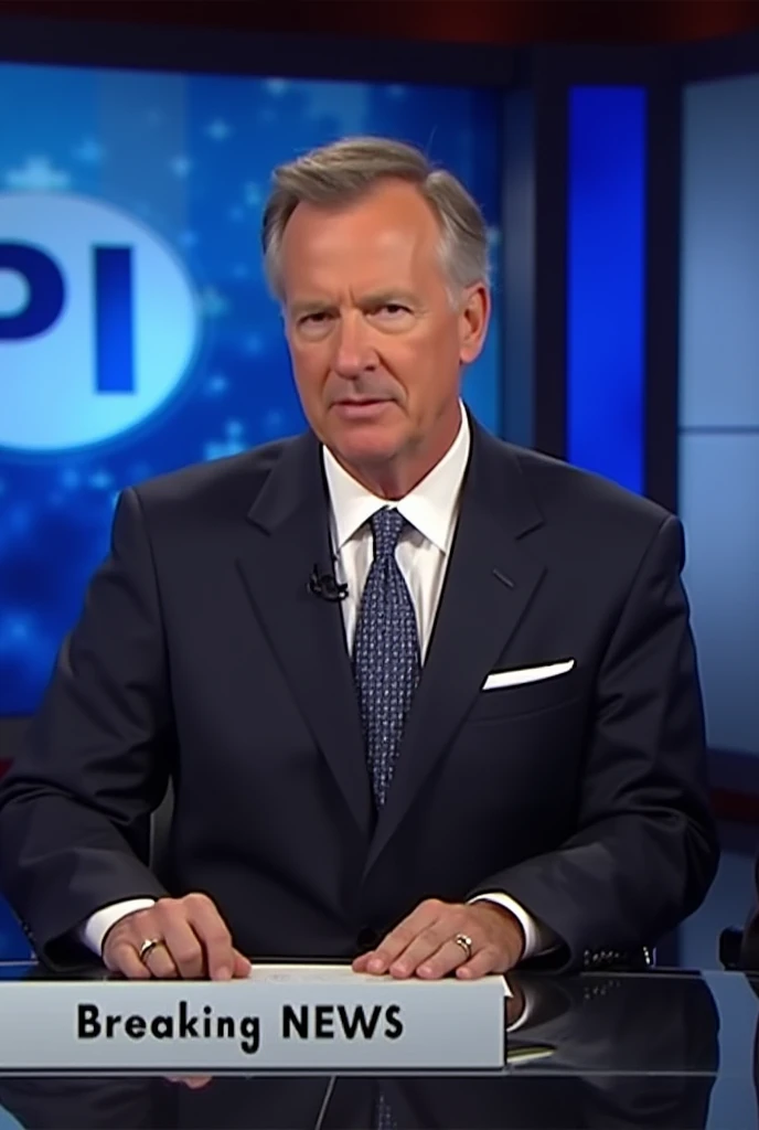 I want a photo of one of the most important television journalists in America sitting in a studio reporting the news. Behind him is a TV screen with the PI network image. In front of him, towards the bottom, it says "Breaking News." There is another seat n...