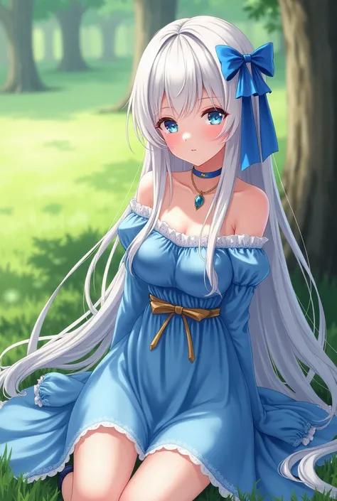 anime girl with long white hair and blue dress sitting in a park, beautiful anime portrait, detailed digital anime art, beautiful anime girl, guweiz on pixiv artstation, beautiful anime woman, guweiz on artstation pixiv, blonde - haired princess, detailed ...