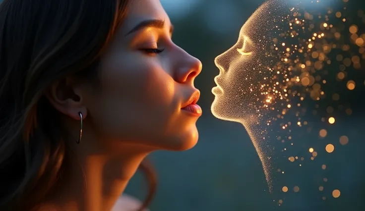 A close-up of the person taking a deep breath, with tiny glowing sparkles forming the outline of a face in the air, representing love."cinematic 3D