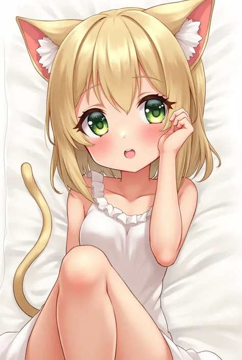 masterpiece, high resolution, many details, add-details, cute, cat girl, blond hair, green eyes, blush, arm up, detailed skin, detailed armpit, embarrassed, naked