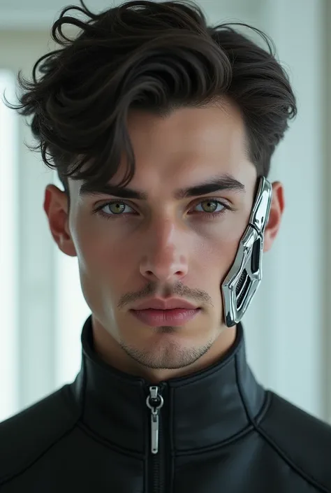 The face of handsome man 20 years old with a little bit futuristic robotic part in the face