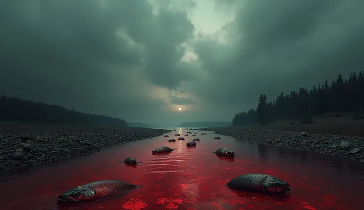  Bloody Water  :  a dark red river with dead fish floating on the surface, surrounded by a dark and ominous sky .