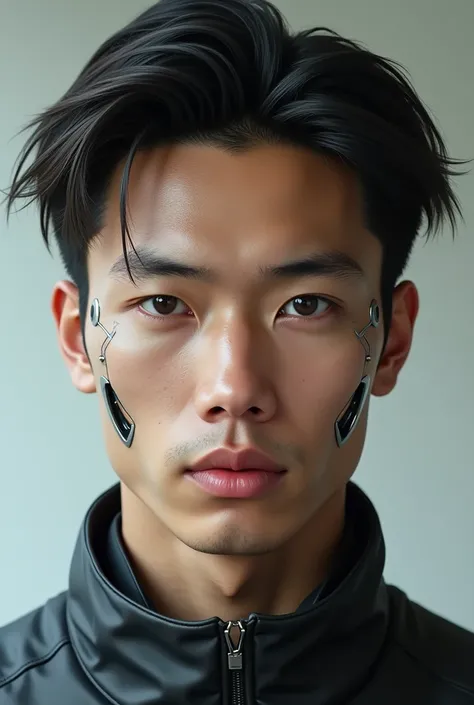 The face of handsome man 20 years old from indonesia with a little bit futuristic robotic part in the face, realistic