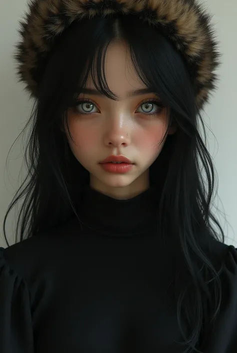 black-haired girl with white eyes with brown skin wearing a furry hat and a black top with a long sleeve blouse underneath