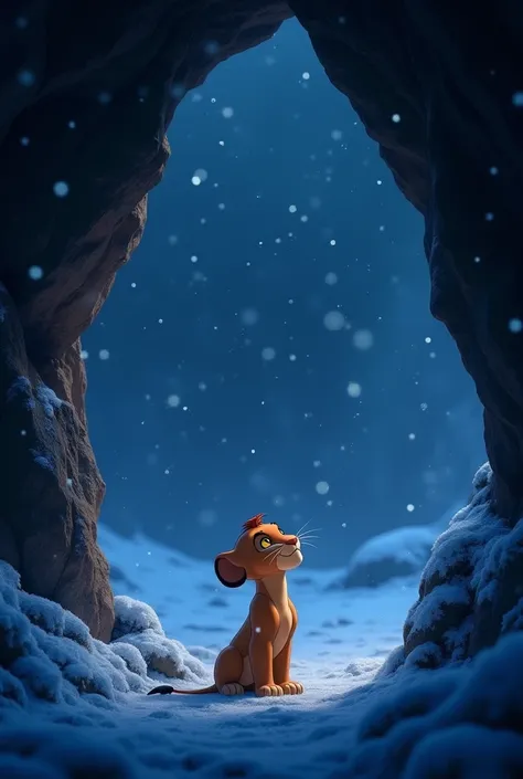 The lion king small simba inside the cave standing looking outside snow heavy snow dark blue night blue background realistic hd masterpiece image 