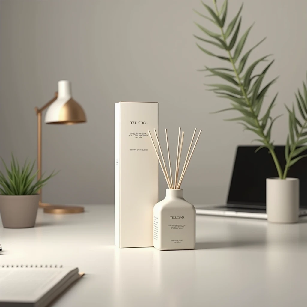 Packaging reed diffuser ,  with modern workspace background