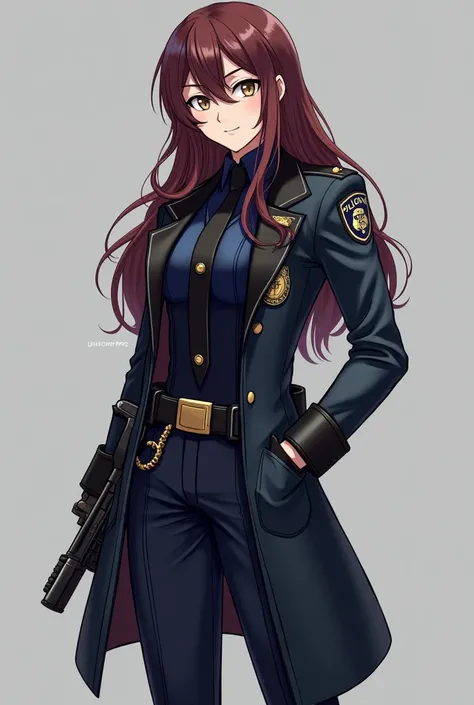  Create this character in the art style of Arcane .

hair:
 long and slightly wavy ,  in a color that can vary between dark brown and dark red ,  to reflect an air of seriousness and effort .

 police uniform:
 A uniform that fits the body ,  with details ...