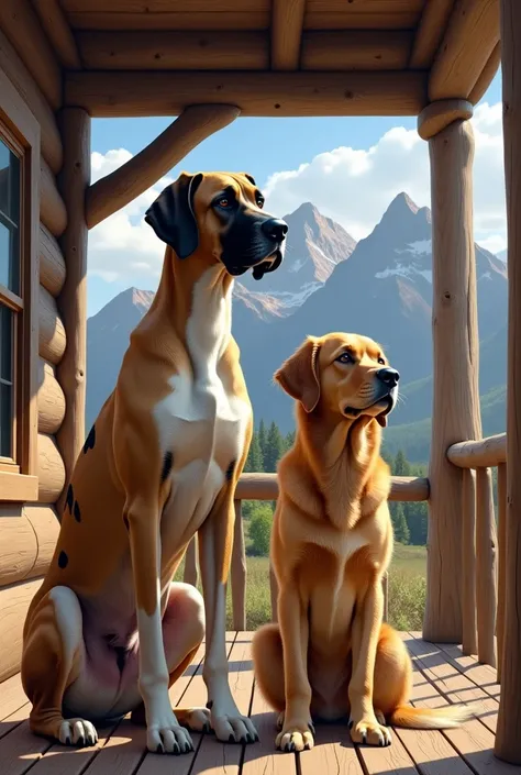 Great Dane with light brown fur black and white spots next to golden lab on a western porch with mountains in the background 