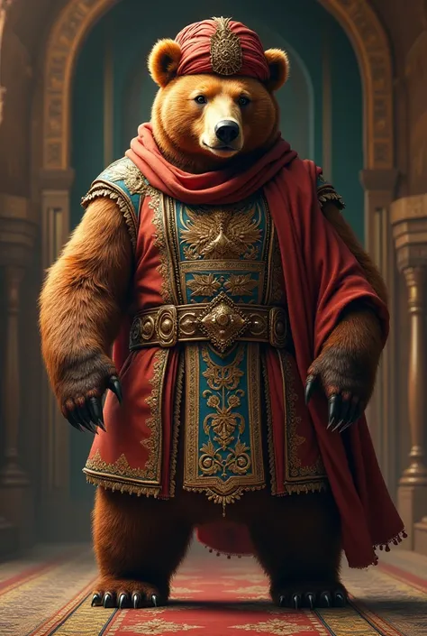 Mighty Dashing Russian Red Bear,  wears Islamic theme war outfit with turban on head.