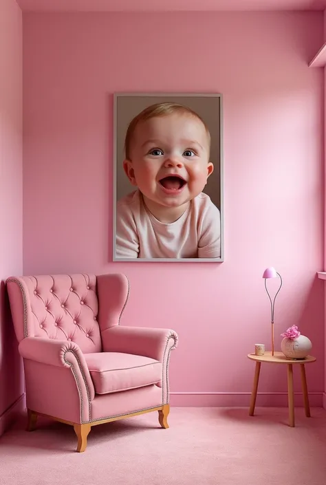 there is a picture of a baby in a pink room, the walls are pink, there were posters on the wall, color photograph, very poor quality of photography, low quality photograph, photo print, 8k photo, 8 k photo, low quality photo, displayed on the walls, on a w...