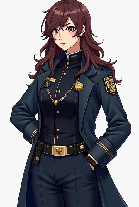  Create this character in the art style of Arcane .

hair:
 long and slightly wavy ,  in a color that can vary between dark brown and dark red ,  to reflect an air of seriousness and effort .

 police uniform:
 A uniform that fits the body ,  with details ...