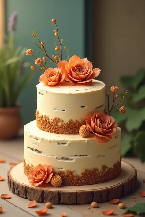 A small rustic two-story cake decorated with few terracotta flowers 
