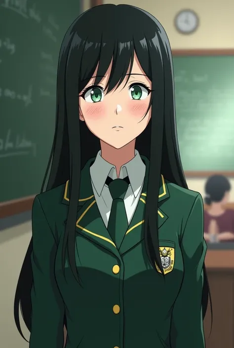  Screenshot of My hero Academia .
pale skinned girl.
 She has freckles that are barely noticeable 
He has straight black and long hair..
She has emerald green eyes and has a neutral expression .  she wears the UA uniform and in the background she has a UA ...