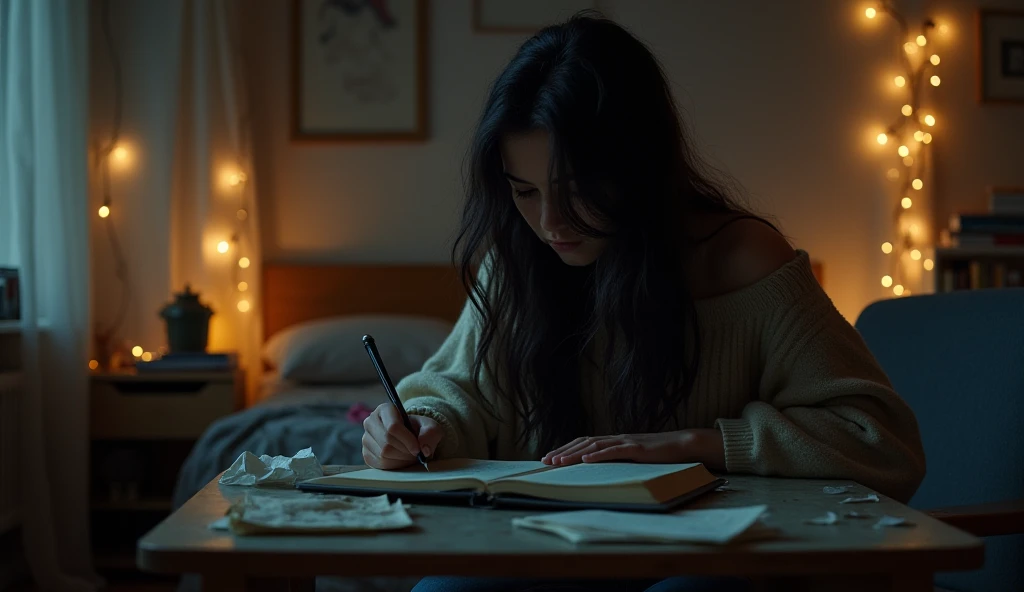 "A dimly lit bedroom with fairy lights and a cluttered desk. A young woman with long black hair covering part of her face sits at the desk, writing a poem in a notebook. She wears a loose sweater and baggy jeans, and her expression is sad yet focused. Crum...