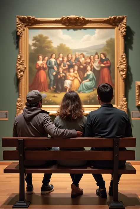 there are three people sitting on a bench with a , profile image, profile pic, having a great time, having a good time, happy family, profile picture 1024px, family photo, at the museum, very very low quality picture,  post, a picture, profile photo, trend...