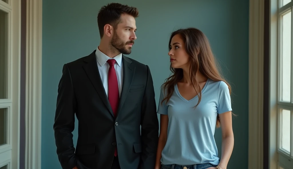 A 35-year-old man, unshaven, wearing a black suit with a red tie, a posture that commands respect. 35-year-old woman, long brown hair, jeans and light blue t-shirt. Both are side by side, with a distance of approximately one meter between them, facing the ...