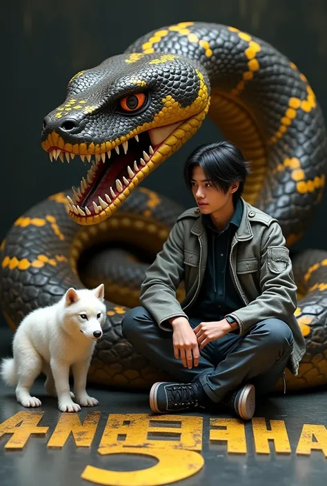 Create a 4G REALISTIC shiny black and yellow snake with the mouth open And giant teeth with on the floor a stylized GOLD black and yellow large name "pambihira S,"with next to the image a sitting realistic beautiful sweet smile man Holding a Naruto and sur...