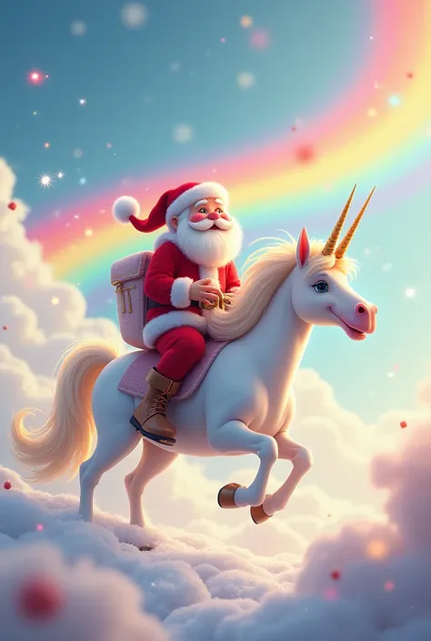 Santa Claus riding a unicorn that leaves a rainbow trail in his path.