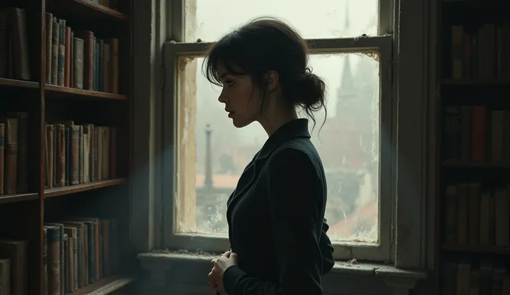 Emma standing at the window in the library, looking out with an expression of curiosity and unease, the dusty bookshelves around her.