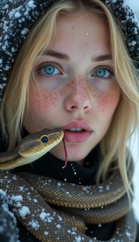  A fair-skinned young woman with freckles ,  blond hair and penetrating blue eyes ,  about 30 years old .  She is in close-up ,  with a dark brown snake surrounding its face and neck ,  with the female tongue brushing her lips .  Her hair is long and dishe...