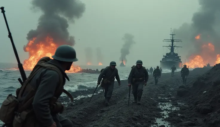 World war Battlefield 1940 soldiers on seaside ships dropping bombs soldiers dead bodies and blood everywhere black mud and black realistic water