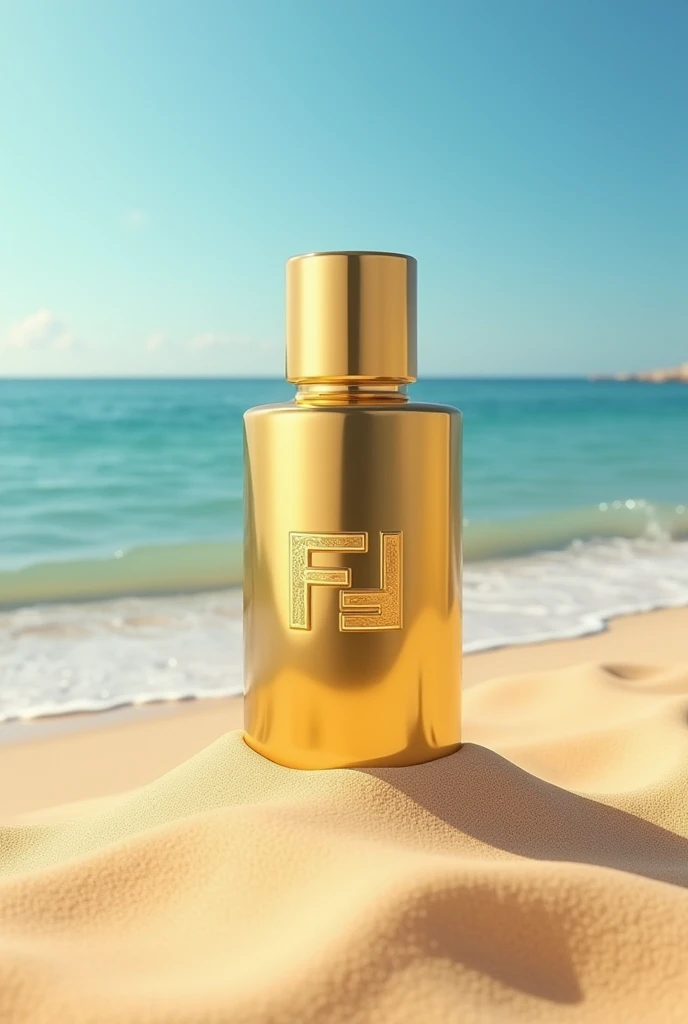 Fendi perfume name in English on a bottle of gold on a beach with sand