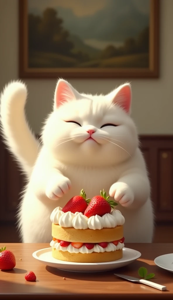 Split lens：	 The big white fat cat served the complete cake to the table
Reminder：	 The fat cat stands at the wooden table ， A golden cream cake with two claws 。 The top of the cake is covered with strawberries and cream decorations ，It looks delicious and...