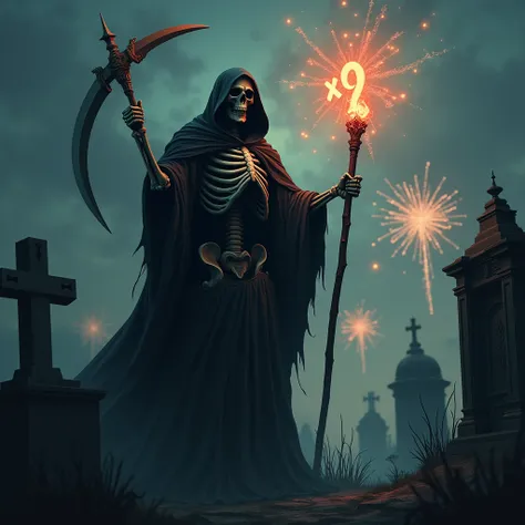  Grim Reaper in a cemetery, "XP9 " As a flame in the right hand, scythe in the left hand, Fireworks in the background