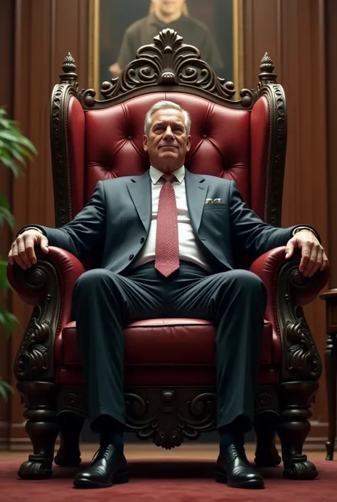 Boss sitting on a king chair and the 25 year old employee standing on left side the chair 