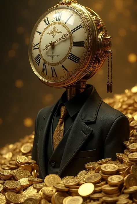 Character with a clock head surrounded with gold and cash 