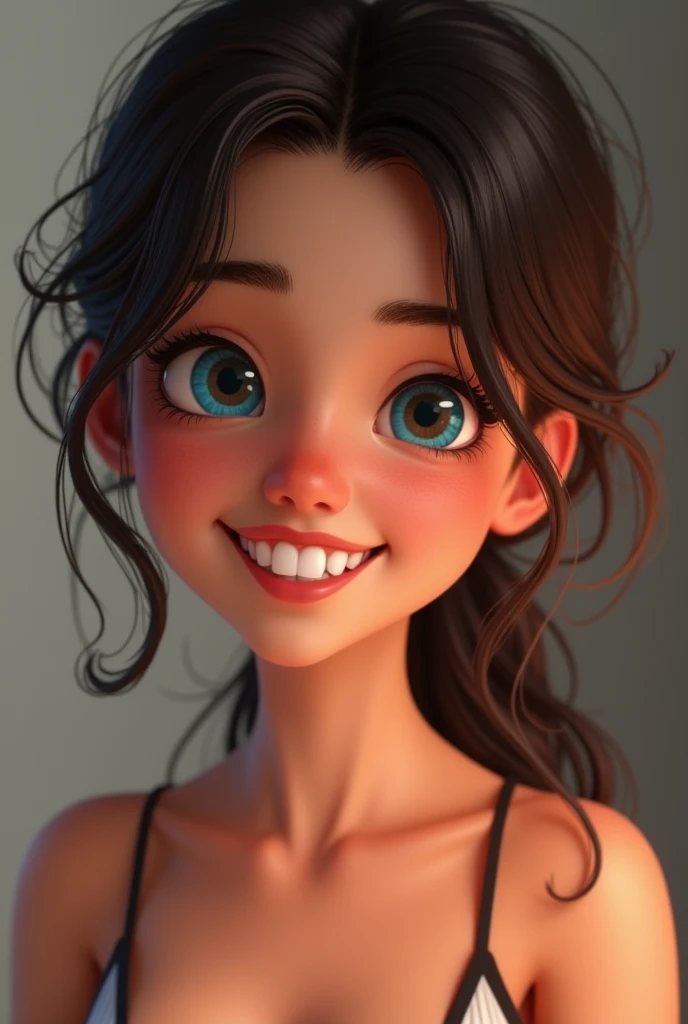  Create an image of a beautiful adult girl who is naughty in appearance ,  she has bright blue eyes and a wide beautiful smile with visible teeth , closed tight eyes in appearance she is a model ,  let it be an animated image in 2d that I can redo later in...