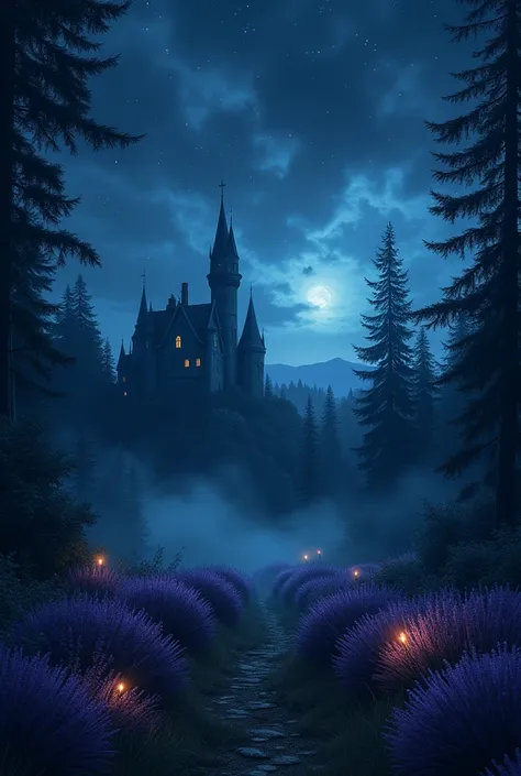 Night sky filled with stars. Winds roaming by. Stands there a castle with a sense of gloom in it. The    the whole setting takes thecolour of the darkest shades. In the middle of a forest. Where glowing insects cover the land with lavenders and raven sitti...