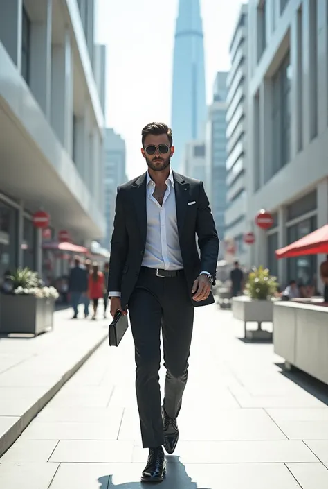 Dashing man walks alongside white inner-city