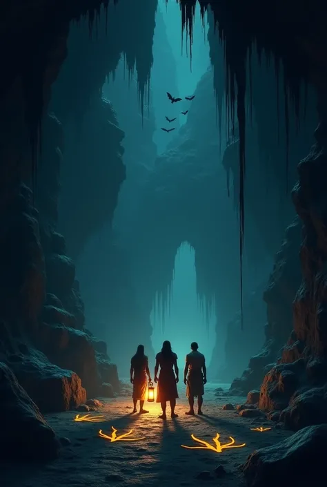 "The interior of a dark, eerie cave filled with stalactites and stalagmites. Shadows of flying bats fill the space, and faint hoof-like echoes can be heard. The floor is uneven and covered with mysterious glowing symbols. The three characters—King Vikram, ...