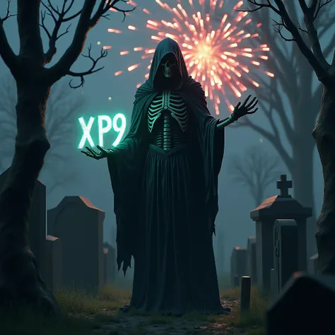  Grim Reaper in a cemetery, Flame as a  "XP9 "-Lettering in hand, Fireworks in the background