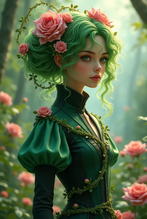  Create a character with curly and green hair with pink flowers , with plant and flower powers ,  that wears a uniform with a colam and puffy sleeves and green with black