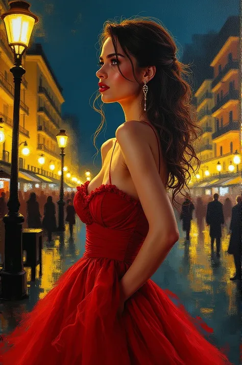 Create an image of stunning and sexy girl in a French red dress, intricate and impressive illustration, [ art by Marta Pitchuk]. Profile view. Night city background with splashes of yellow from street lighting, oil on canvas with large brushstrokes, drops ...