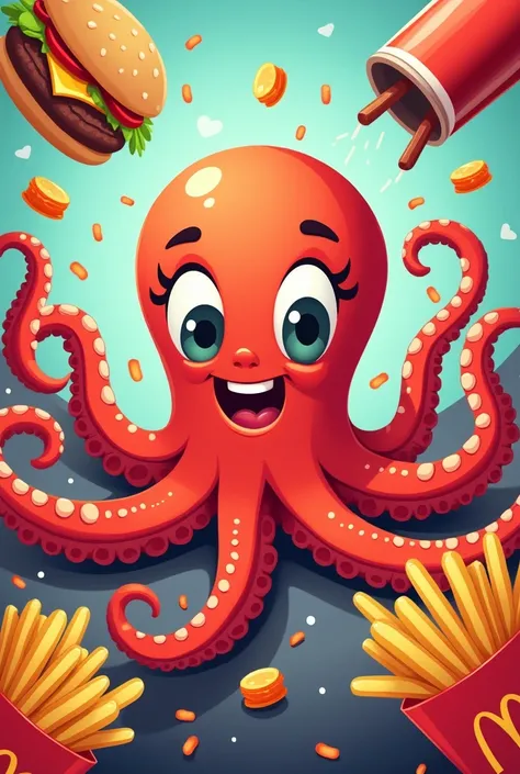 Create fast Food youtube banner 1024x576px image with octopus in middle